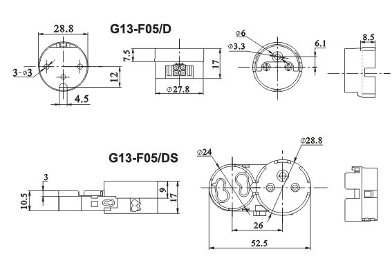 fluorescent LED tube lamp holders G13 F05 DS diagram